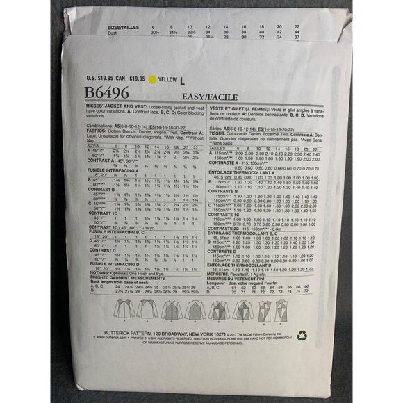 Butterick Misses Jacket Vest Sewing Pattern sz 14-22 B6496 - uncut - Picture 4 of 5